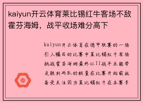 kaiyun开云体育莱比锡红牛客场不敌霍芬海姆，战平收场难分高下